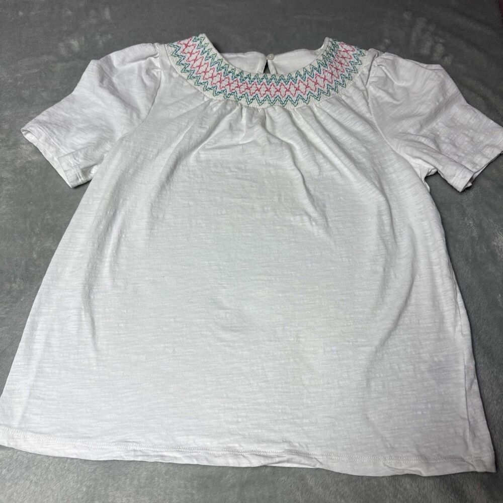 Boden Smock Neck Puff Sleeve TopWhite Blue Green Pink Blue Smocked Neck Sz 6